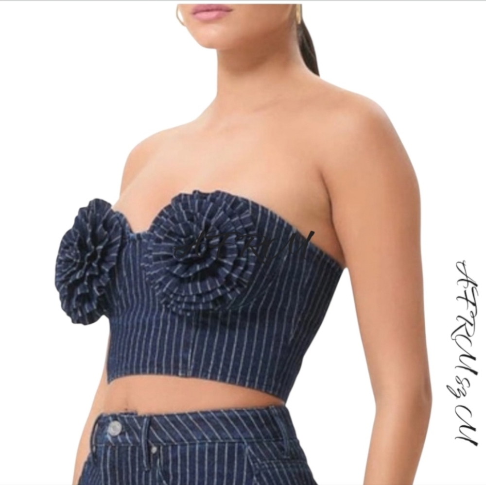 AFRM Kiki Stripe Rosette Corset Top Navy Blue sz M NWT